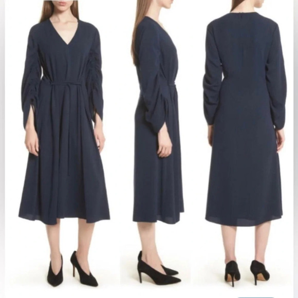 TIBI Navy Ruched Convertible Sleeve Stretch Crepe Midi V-Neck Dress Size 8 NWOT - Picture 14 of 14